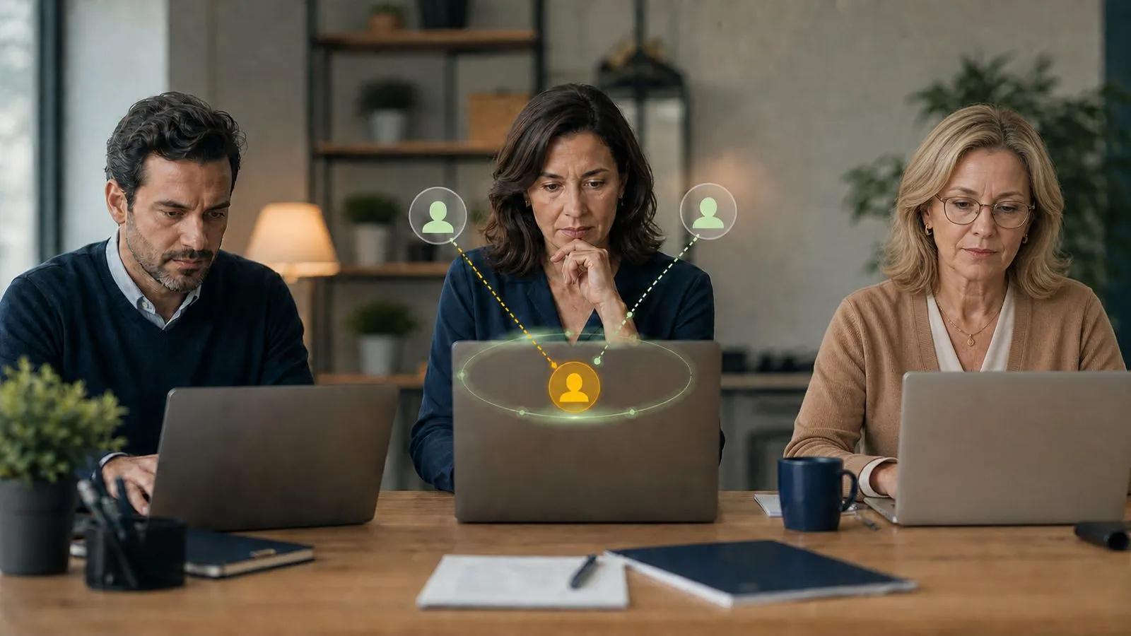 Tres personas trabajan cada una en su portátil alrededor de una misma mesa. Sobre el portátil central, dos iconos de usuario en verde y uno destacado en ámbar orbitan alrededor de un único acceso compartido.