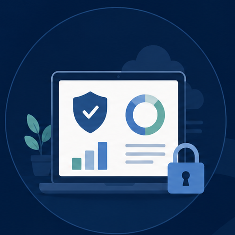 Portátil con el panel de diagnóstico de ORUM: un escudo con marca de verificación, un gráfico circular y un candado, dentro de un círculo.