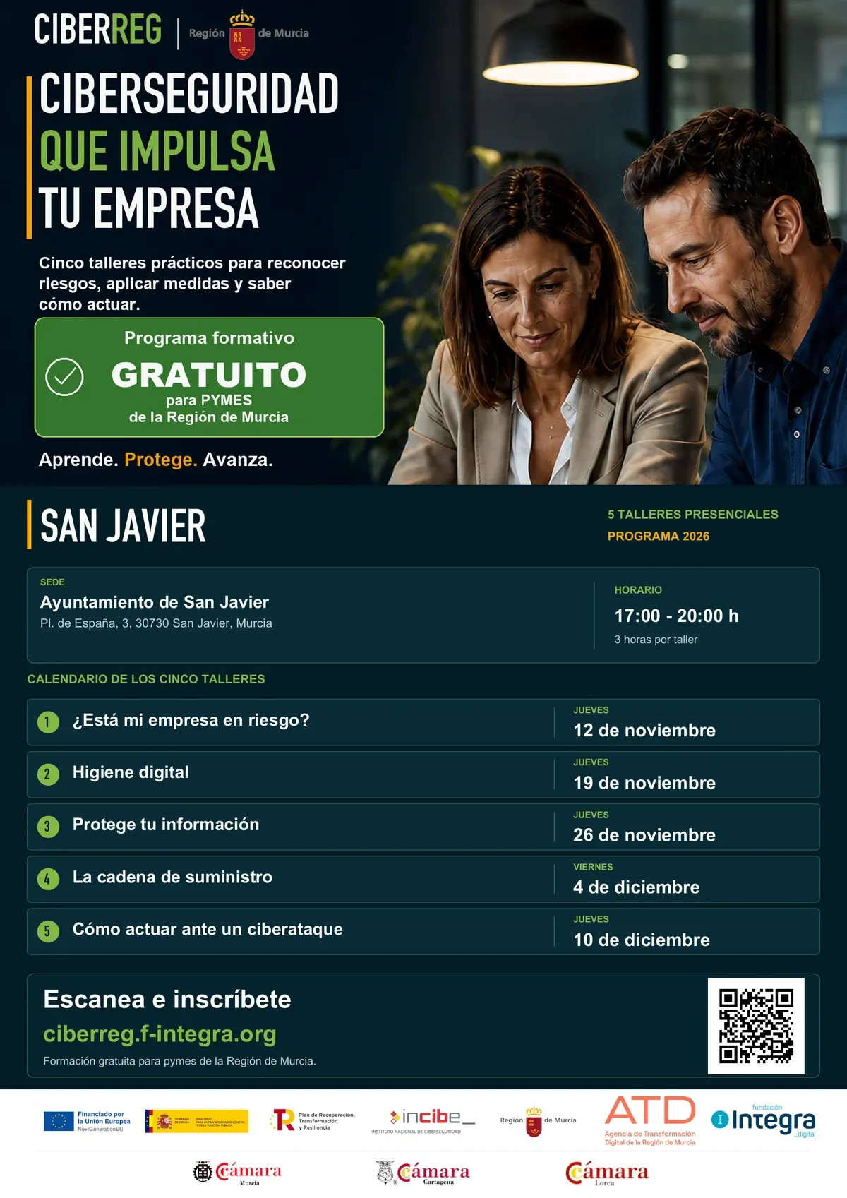Cartel de los talleres de CIBERREG en San Javier