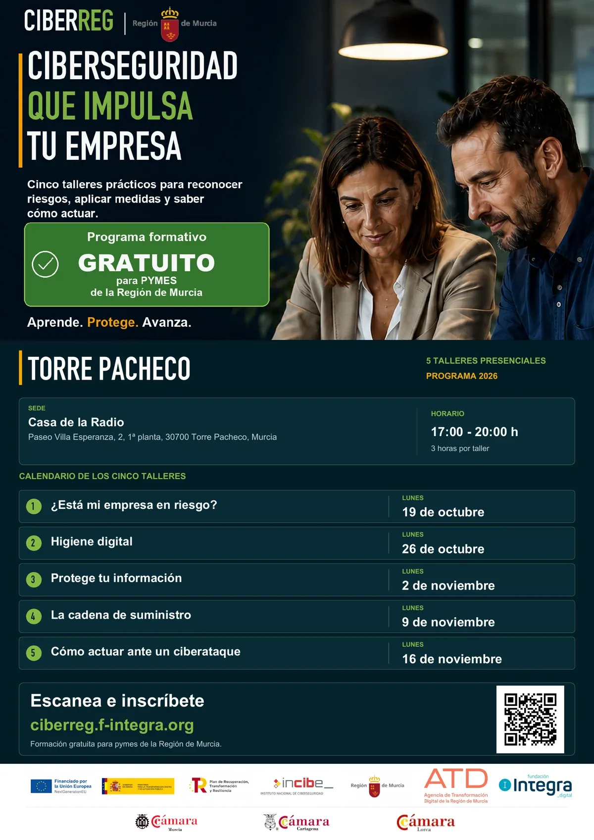 Cartel de los talleres de CIBERREG en Torre Pacheco