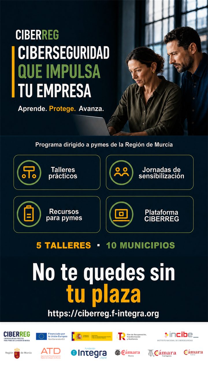 Pieza vertical 9:16 de CIBERREG para stories: ciberseguridad que impulsa tu empresa y llamada a no quedarse sin plaza.