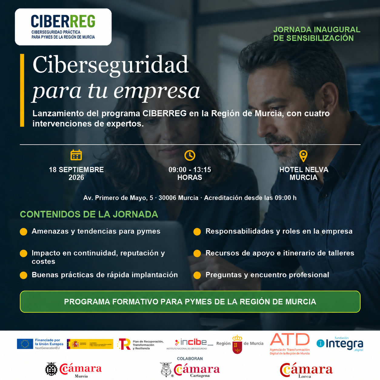 Cartel de la jornada inaugural de CIBERREG: 18 de septiembre de 2026, de 09:00 a 13:15, en el Hotel Nelva de Murcia.
